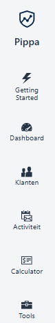 PIPPA applicatiemenu met dashboard, klanten, activiteit, calculator en tools